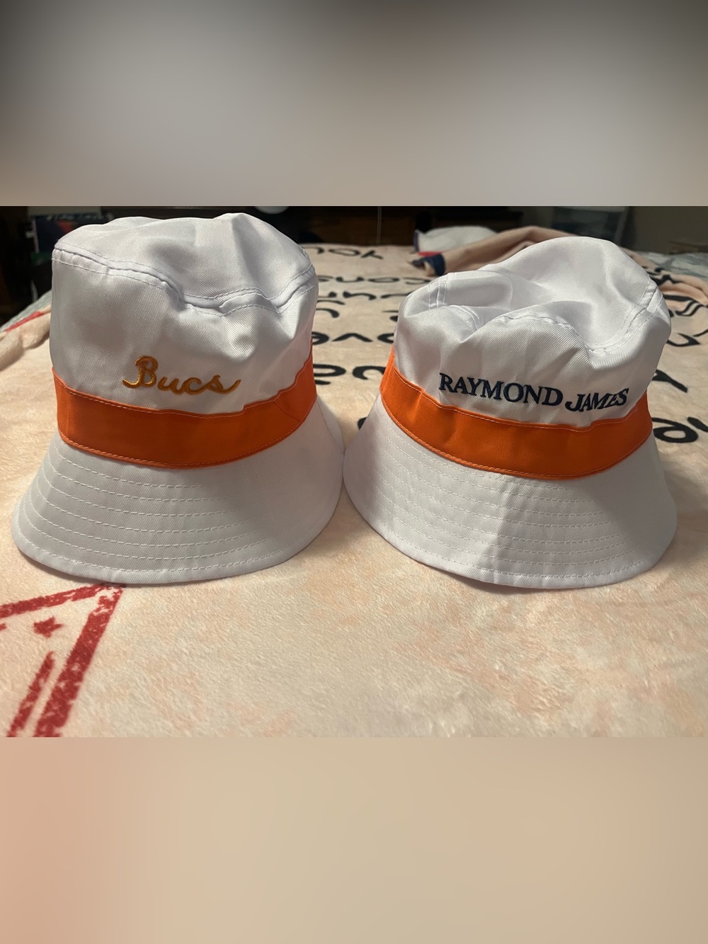 Source Unknown White & Orange Bucket Hats with Bucs and Raymond James Embroidery
